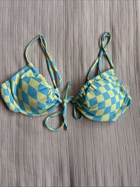 Aurelle Blue and Lime Checkered Bikini Top